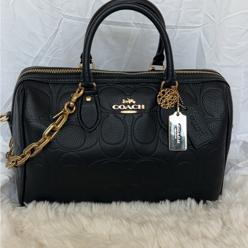 COACH Black Embossed Leather Satchel with Gold Hardware and coach charms - Picture 2 of 12